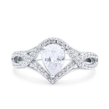 Halo Art Deco Wedding Pear Ring Crisscross Simulated Cubic Zirconia 925 Sterling Silver